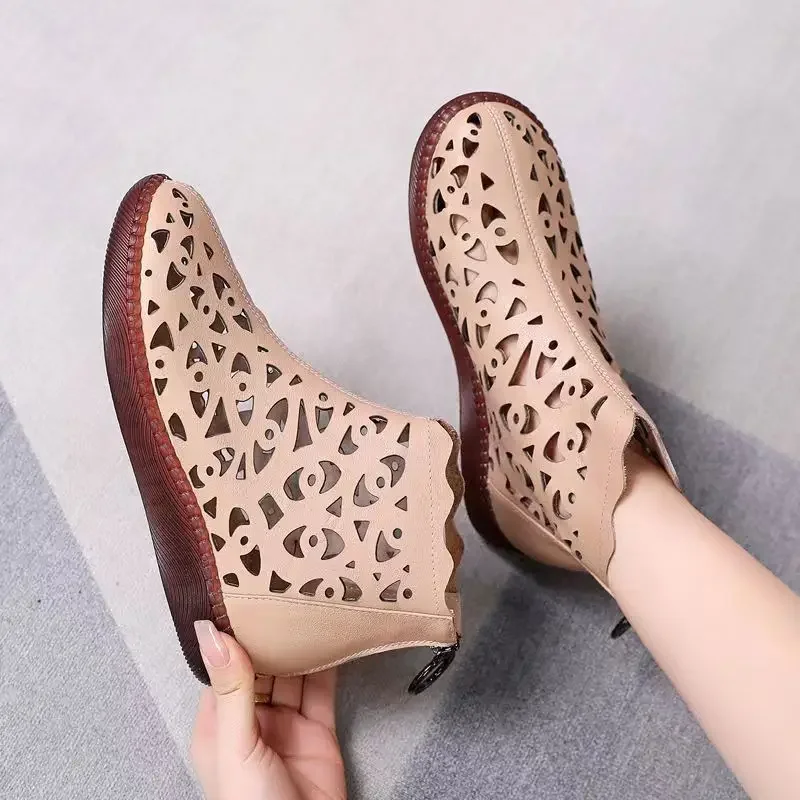 Women Boots 2024 New Spring Summer Genuine Sandals Women Breathable Hole Boots Flat Soft Non-slip Comfortable Shoes for Women