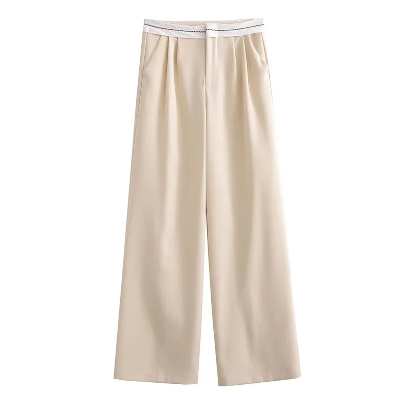 Calça feminina de pernas largas, calça de cintura alta, casual, monocromática, contraste, vintage, escritório, primavera, verão