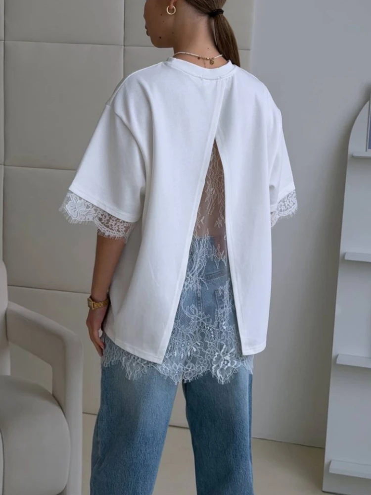Fashion Lace Insert Back Split T-Shirt Women's Solid Color Short Sleeve Loose Top 2026 Spring New Lady Casual Basic Style Tee