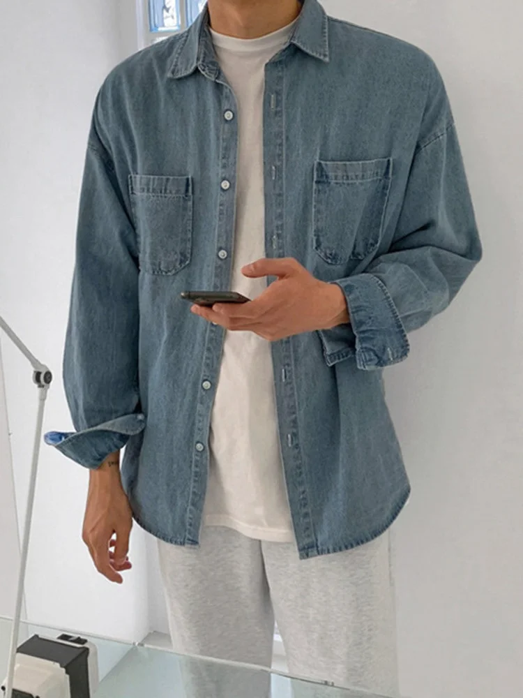 Long Denim Sleeve Turn down Shirt Single Breasted Men's Solid Color Versatile Spring Fashion Loose Casual 2A1208