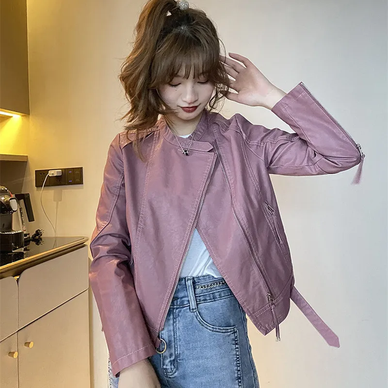 Spring Fall Women Slim Short Pink Faux Leather Jacket Stand Collar Zipper Long Sleeve Washed PU Motorcycle Jacket Female Outwear