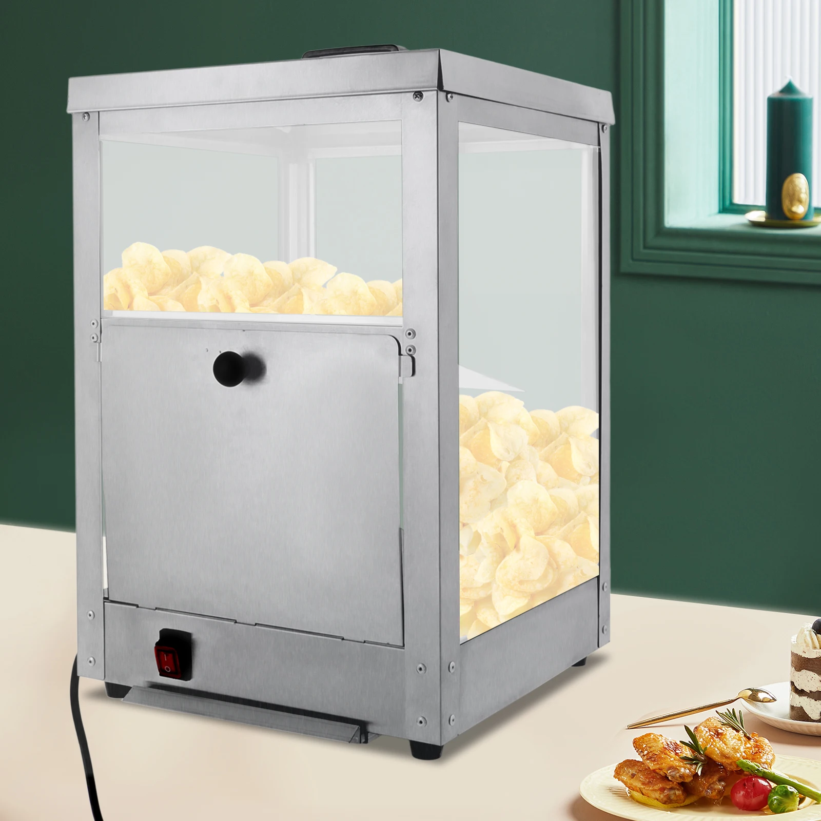 Kommerzieller elektrischer Chip-Wärmer-Schrank – 300 W, 35 l, Edelstahl 201, 55 ℃ Temperatur, IPX3, gehärtetes Glas, EU-Stecker, Arbeitsplattenmontage