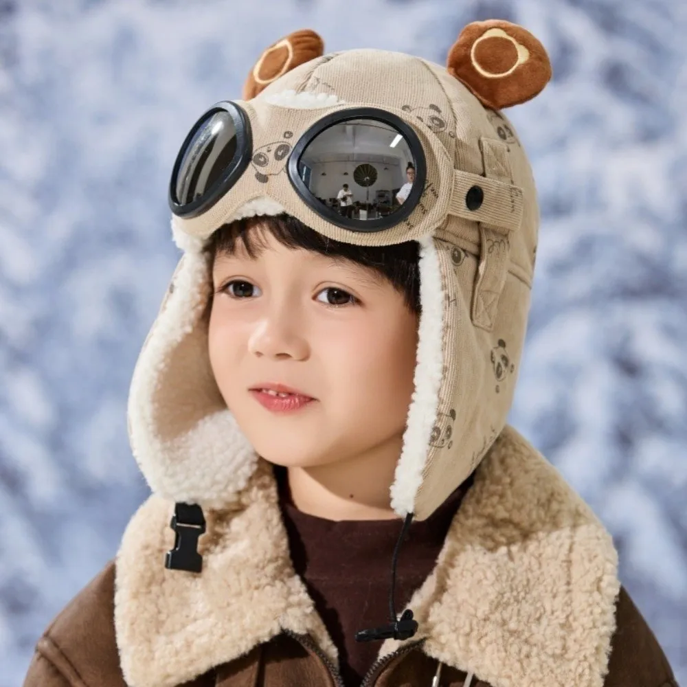 

New Cute Cartoon Children Pilot Hat Windproof Cold Proof Ear Protection Cap with Glasses Thickned Warm Hat Winter