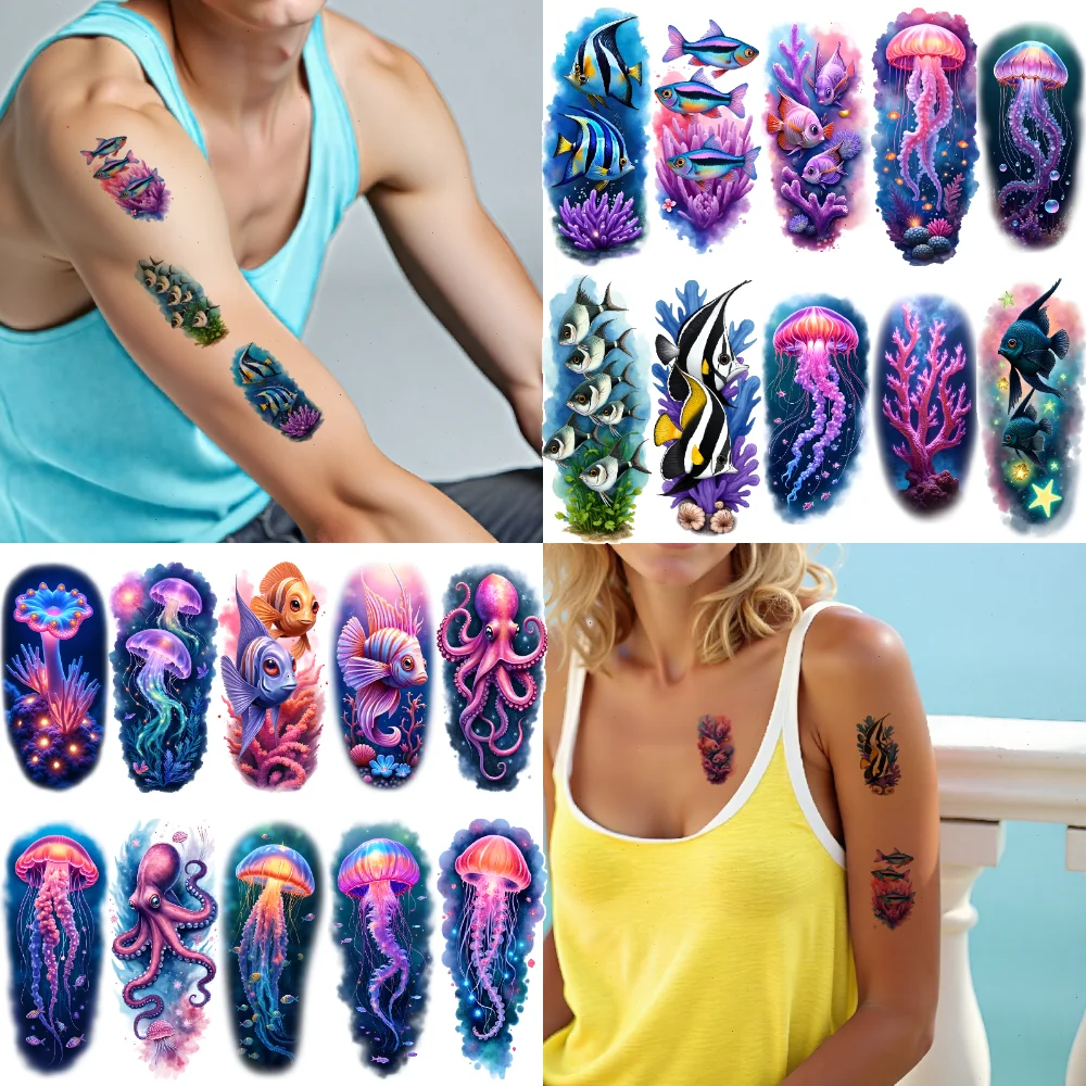 

9 шт. временная татуировка осьминог реалистичные временные татуировки рыба морской конек водостойкие долговечные наклейки для тела коралл для бедер