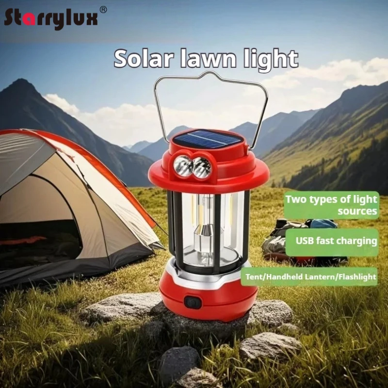 Vintage Iron Camping Lantern Rechargeable Solar Waterproof Portable Tent Light Outdoor Lantern