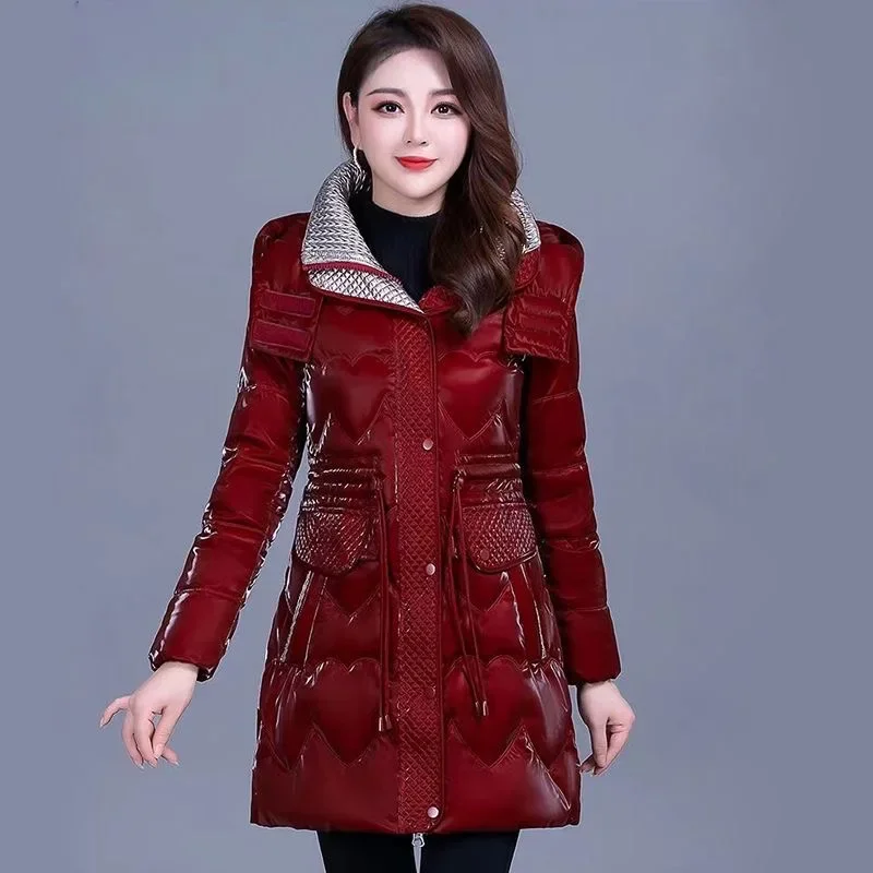 

Bright Wash-free Down Cotton-padded Jacket Long Middle-aged Winter Jacket Women 5XL Big Size Coat B84