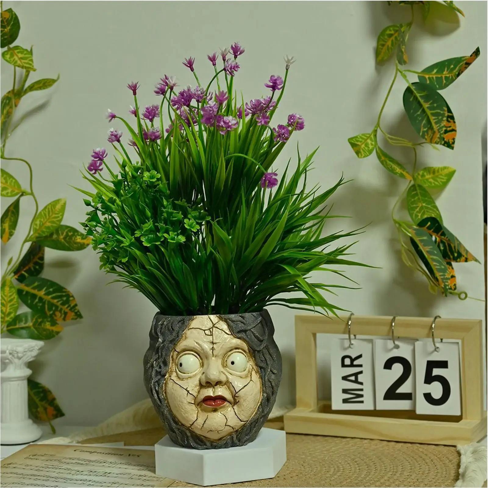 Spooky Witch Head Resin Flower Pot Crack Face Succulent Planter Halloween Home Indoor Tabletop Decorative Plant Container