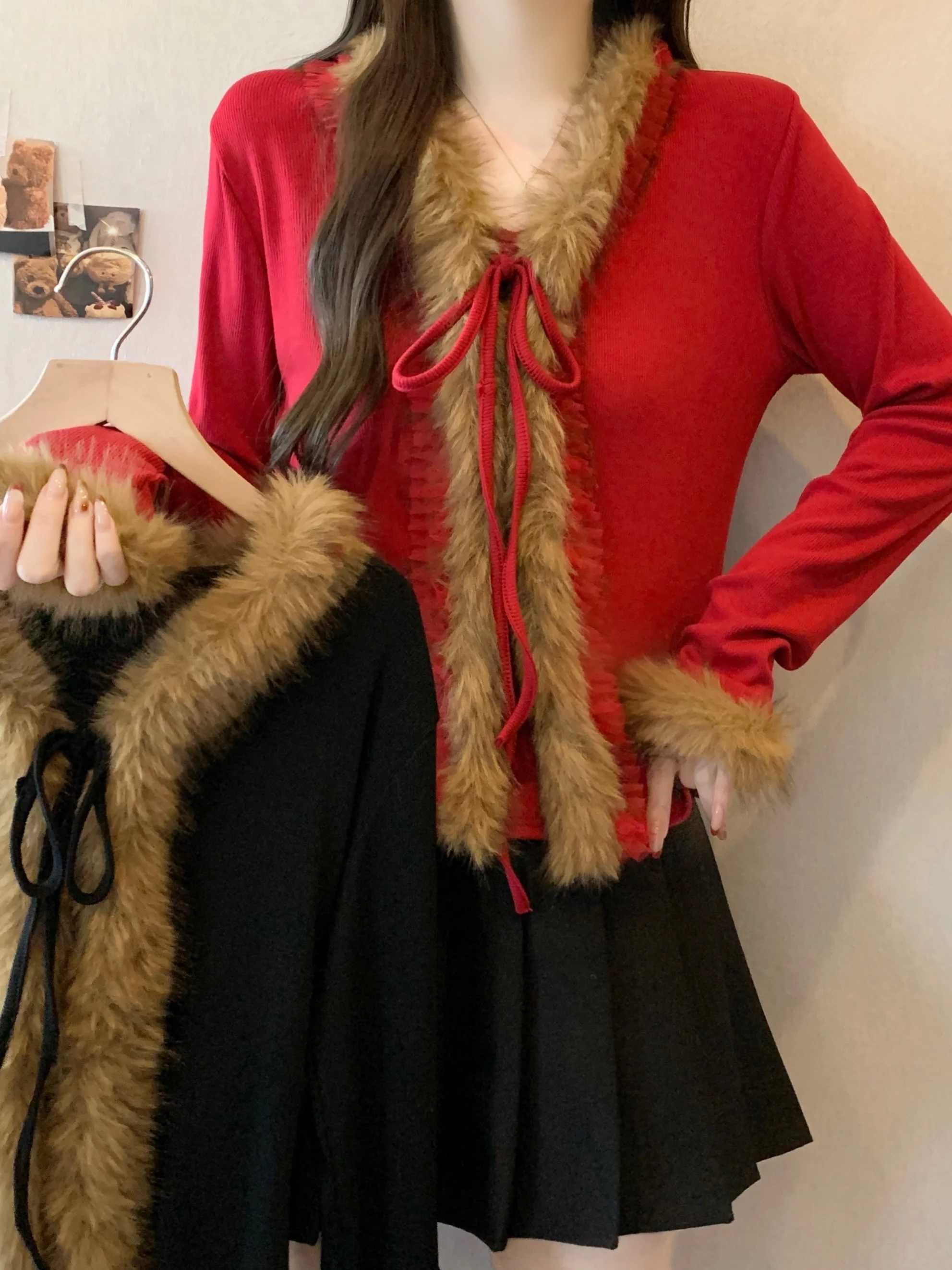 

plus Size Knitted Sweater Women's Faionable V-Ne Fur Collar Slimming Red Belted Inner Wear Commute Sle Korean Version