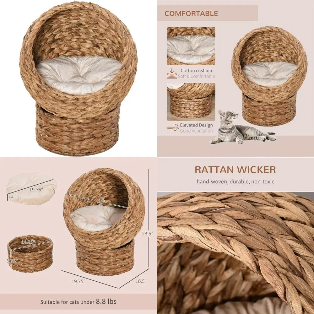 

Плетеная вручную подвесная лежанка для кошек с мягкой подушкой, вращающаяся корзина для домашних кошек весом до 4 кг, коричневая