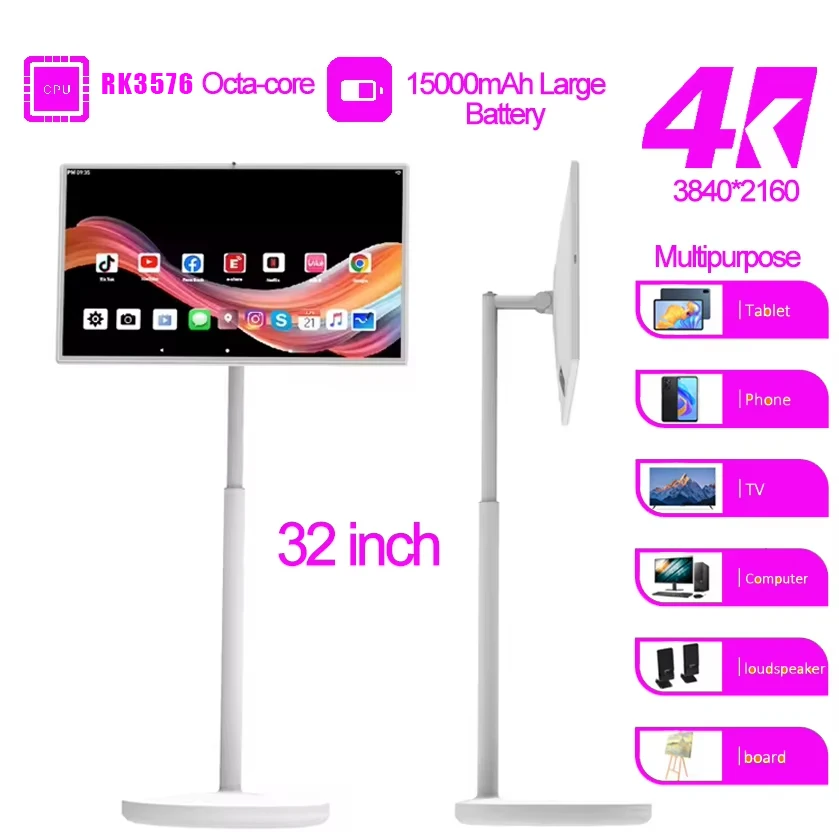 Pantalla 4K de 32 Pulgadas con Android, Pantalla Táctil, TV Inteligente con Función Stand By Me, Integrada para Gimnasio, Juegos, Sala de Estar, Tablet Inteligente con Google Play