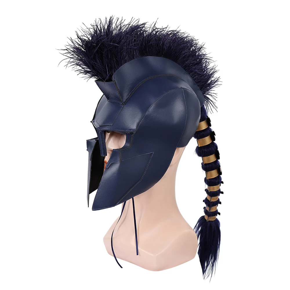 Agamemnon Cosplay The Odyssey Costume Navy Blue Medieval Warrior Helmet Mask With Plume Braided Ponytail Halloween Carnival