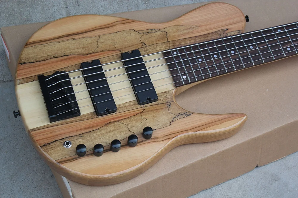 Flyoung Spalted Maple Veneer Electric Guitar Bass 6 Strings Bass Guitar Neck Through Body Bass