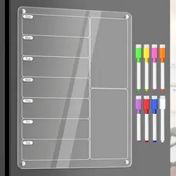 Acrylic Meal Planner Magnetic Menu Board for Kitchen Fridge w/ 8 Markers, Clear Weekly Calendar Planning Board Noteboard Refrige