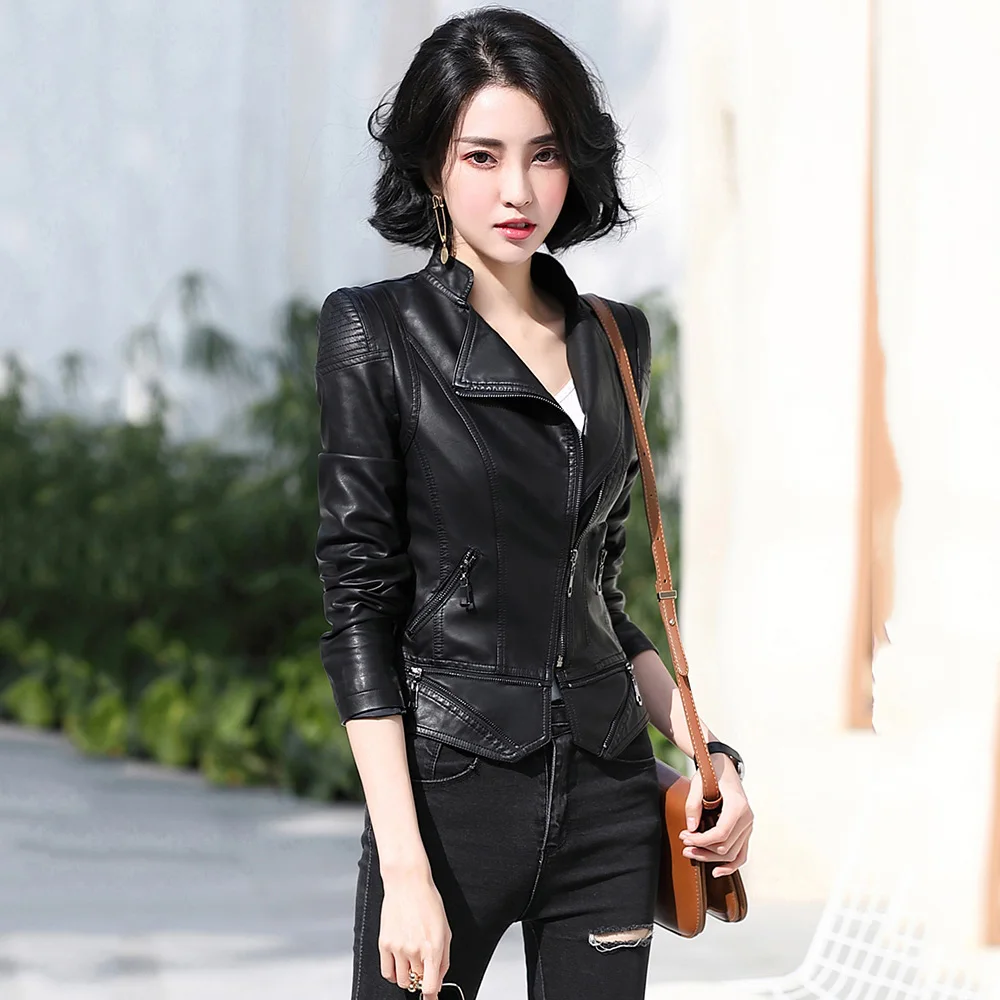 New Women Leather Jacket Autumn Winter Fashion Stand Collar Solid Zipper Moto Jacket Slim Sheep Leather Short Biker Coat Female