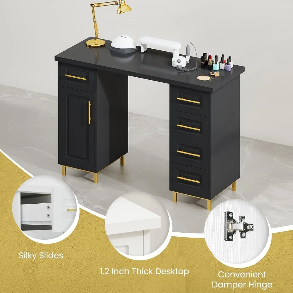 Black and Gold Nail Tech Desk with Drawers, 43 Inch Manicure Table with Storage for Nail Tech, Nail Makeup Beauty Salon Table wi