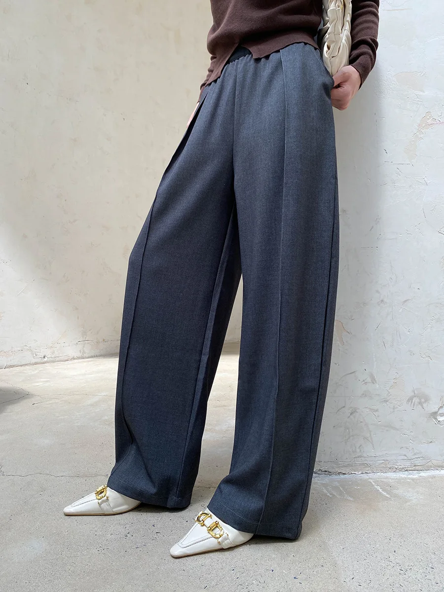 Autumn women's casual solid color high waist elastic waist wide leg suit pants