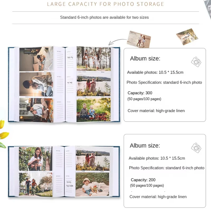 Linen Cover Photo Album 6Inch 200 Sheets Photo Album With Pockets for Photo Storage for Family Wedding Anniversary Baby Memory