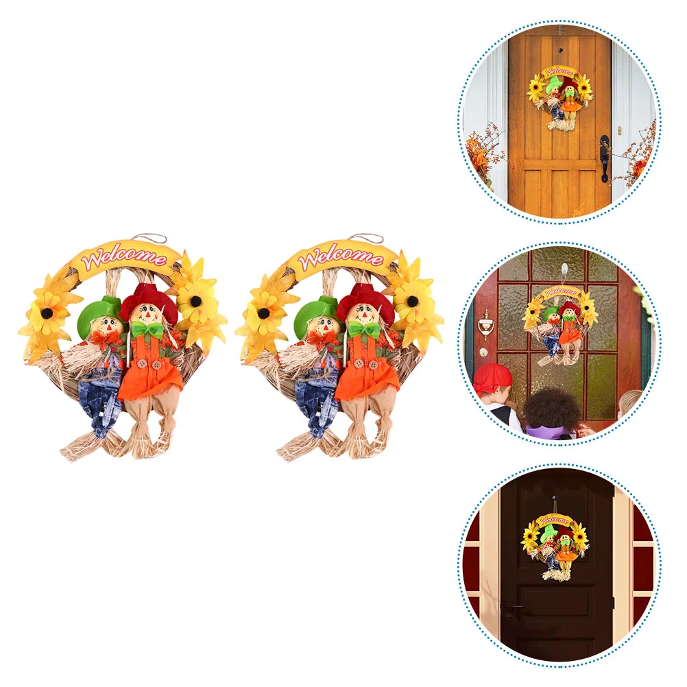 

2 Pcs Halloween Hanging Wreath Scarecrow Door Garland Props Ornament Decorative Straw Cloth Wall Party Pendant Lovers