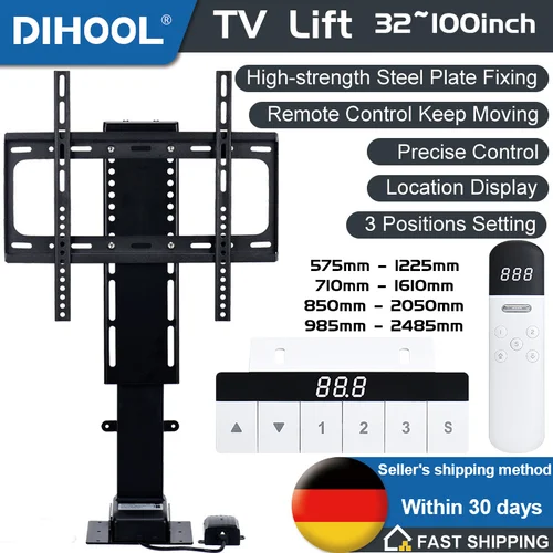 Elevador de TV motorizado para televisores de 32"" ~ 100"", soporte de TV de altura ajustable y soporte de TV para montaje en pared, control remoto y ajuste de memoria