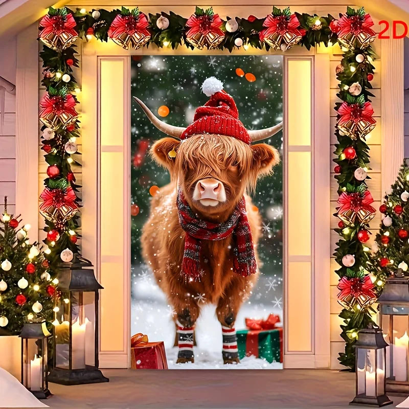 خطة ثنائية الأبعاد، قطعة واحدة، زخرفة بوابة البقرة الاسكتلندية لعيد الميلاد، غطاء زينة لطيف للعطلات #1