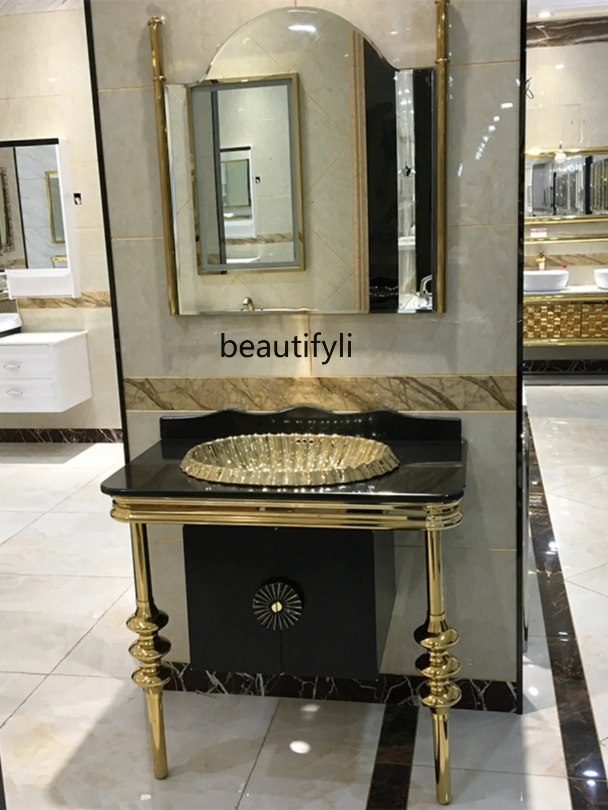 French Entry Lux Stainless Steel Bathroom Cabinet Combination Bathroom Waterproof Washbasin European Marble Floor