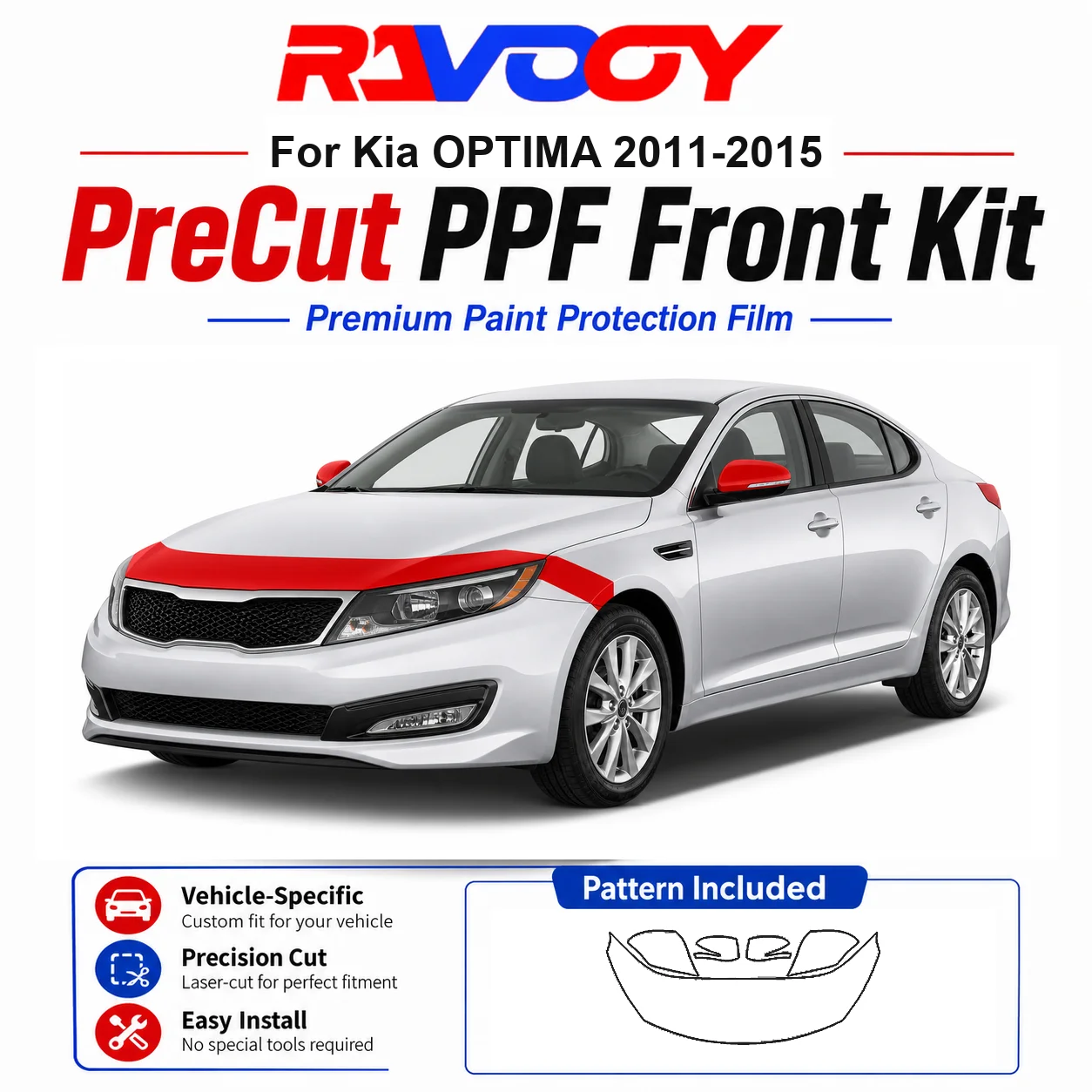

8.5mil TPU Precut PPF Kit For Kia OPTIMA 2011-2015 - Hood, Partial Fenders & Full Mirror Set - Self-Healing Gloss Clear Bra Film