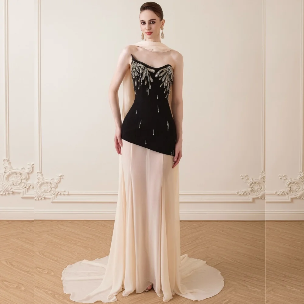 

Customized Classic Exquisite Chiffon Sequined Pleat A-line Strapless Long Dresses Bespoke Occasion Fashion