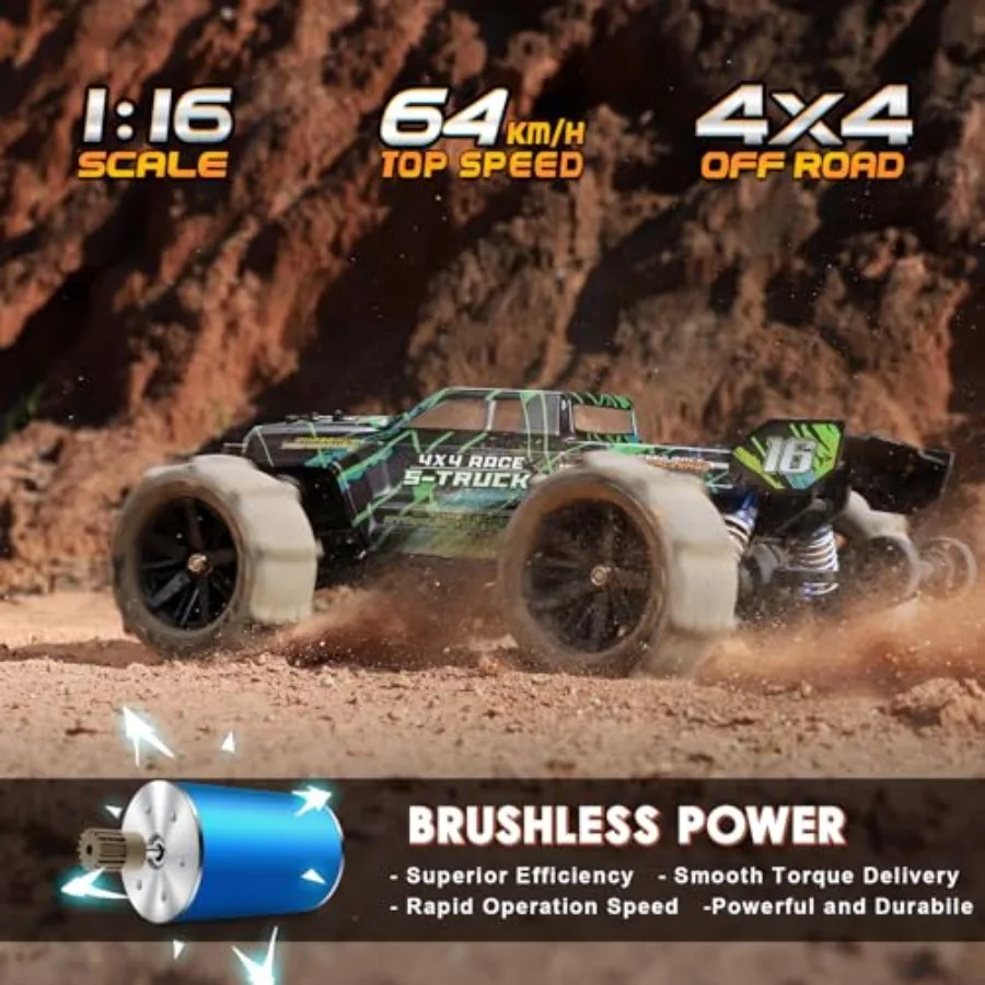 RC truck for off-road use, ABS plastic body, black color, 40 MPH speed and 4WD brushless performance