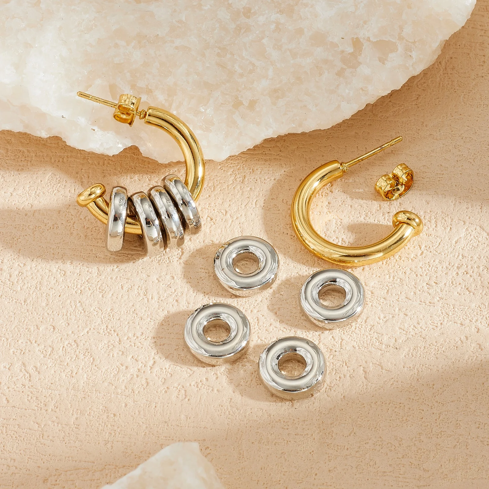 Stainless Steel Two Tone Golden Silver C Hoop Earrings for Women Classic Fashion Waterproof Earrings Jewelry Gift ﻿