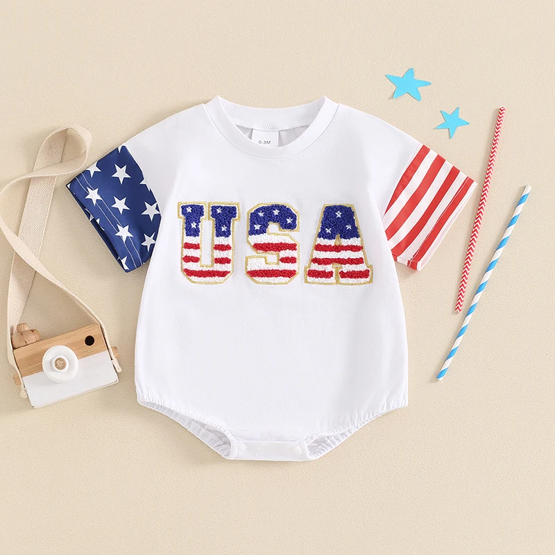 

2024-03-06 Lioraitiin 0-18M Summer Newborn Baby Boy Girls Romper 4th of July Outfits Letter Embroidery Short Sleeve Jumpsuit
