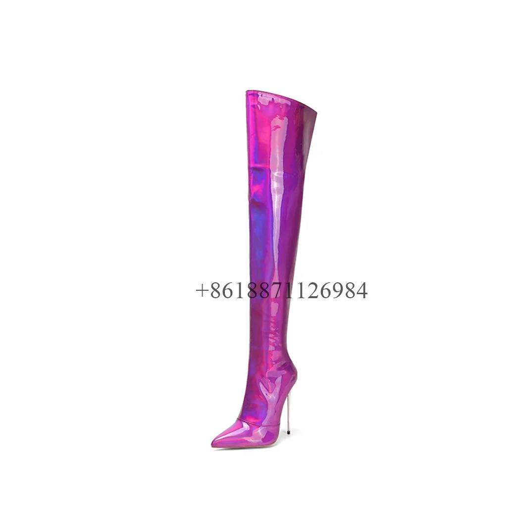 Sexy Style Laser Pointed Toe Over-The-Knee Winter Women Boots Metal Stiletto High Heels Side Zipper Large Size Night Club Shoes