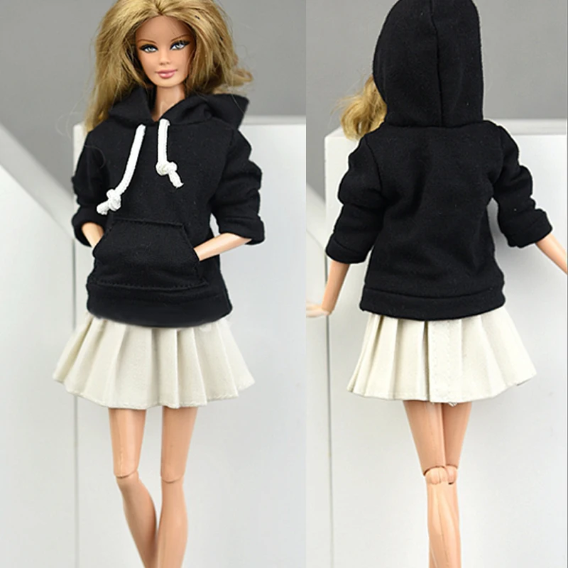 Winter Warm Black Long Sleeve Tops + White Short Mini Dress Outfits Clothes for Barbie Doll Set Clothes for 1/6 BJD Dolls House