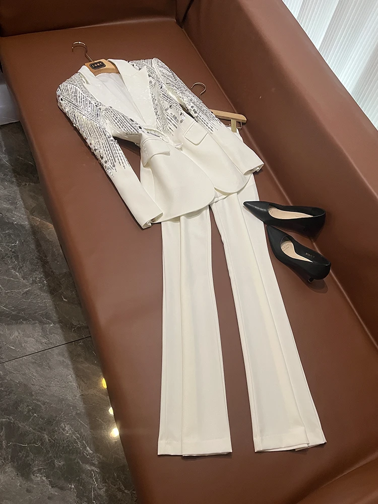 

Модный белый костюм с тяжелыми блестками и брюками, комплект Ele Godd Sle, костюм из двух предметов A22488, женская одежда