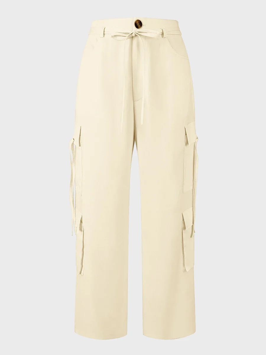 Latest Women Casual Cargo Pants High Waist Loose Fit Multi Pocket Drawstring Wide Leg Trousers Hot Sale Solid Streetwear