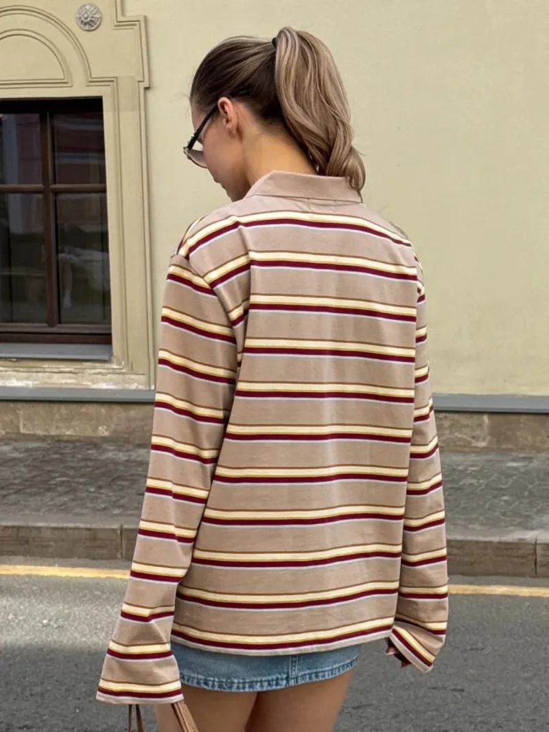 FRAYA LAB Primavera Estate delle nuove donne Retro a righe colletto polo T-shirt a maniche lunghe oversize Trendy Casual Allentato Basic Top Nuovo