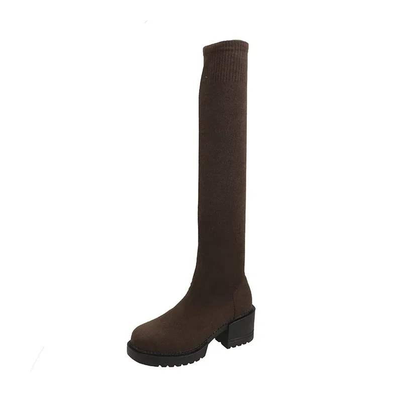 Knee length elastic boots for women in 2024, new spring, autumn, and winter knitted leg tie high leg slim boots