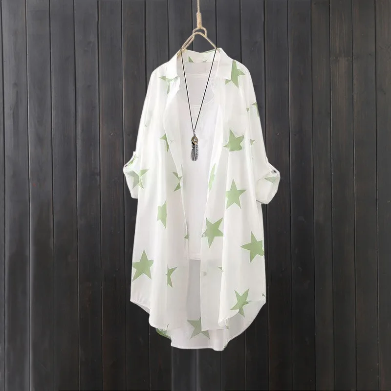 

Sunscreen shirt Loose Casual Open Stitch Mid-Length Print Shirt Women Summer Star Print Long Sleeve Loose Blouse Thin Jacket