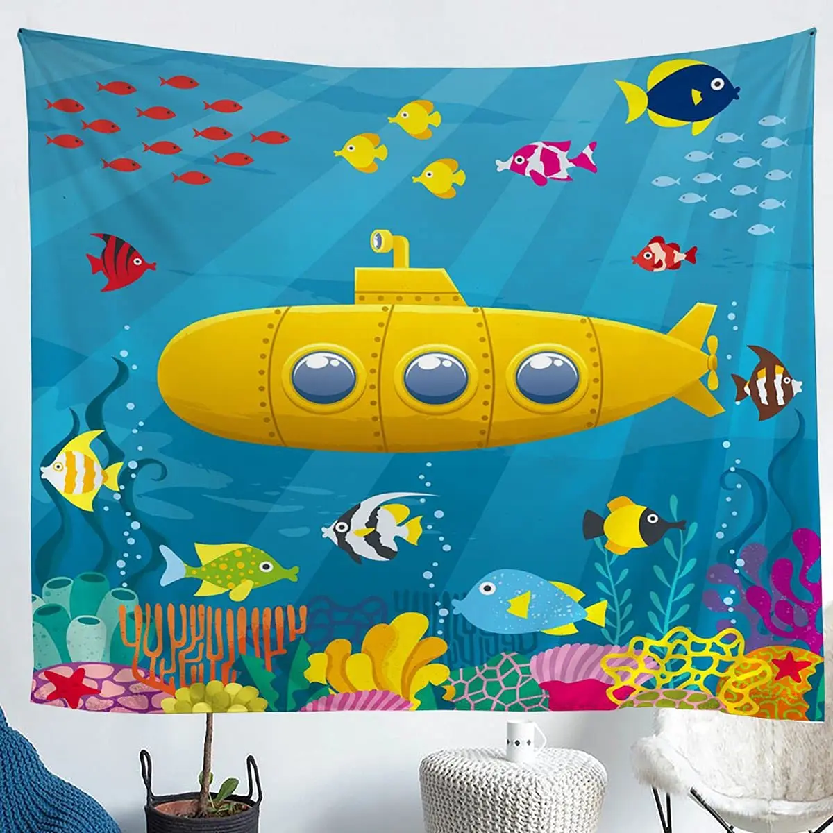 Cartoon Yellow Submarine Tapestry Wall Hanging Underwater World Decor Wall Tapestry Cute Sealife Wall Art for Bedroom Livingroom