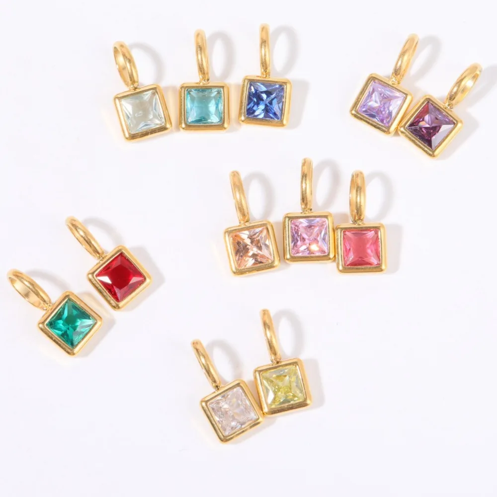 Wholesale 12 Months 6mm Square Zirconia Birthstone Pendant Gold Plated Stainless Steel Birthday Valentine Brand Jewelry Gift