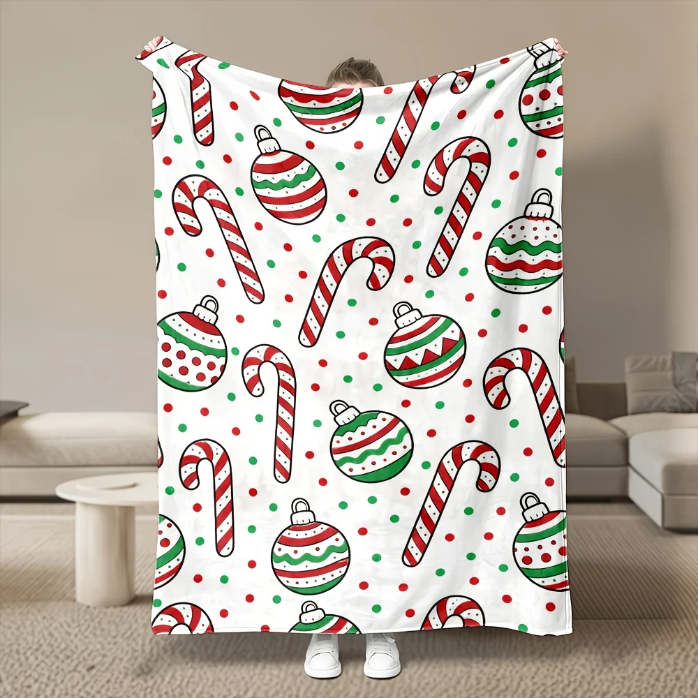 1pc Cartoon Candy Cane Ornaments Printed Flannel Blanket, Ultra Soft Cozy Premium Plush, All-Season Use, Machine Washable, Multi Sizes, 280GSM Heavyweight, for Bedroom, Sofa, Home Goods, AC Room, Winter Warm Cozy Throw Blanket, Ideal Christmas Gift