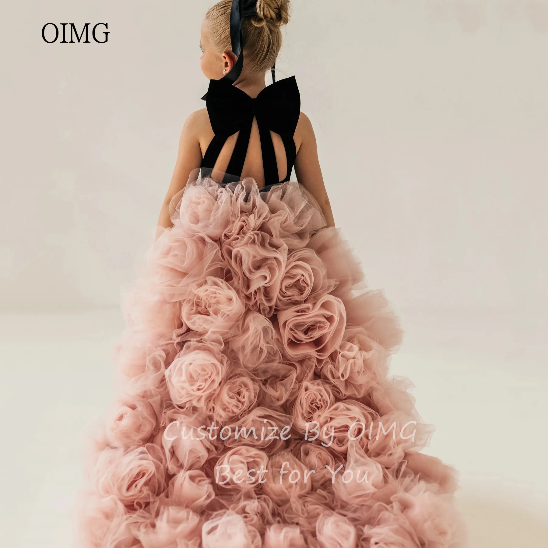 OIMG Luxury Ball Flower Girl Dresses High Neck Gown Wedding Party Dress Flowers Floor Length Princess Birthday Dress Customized