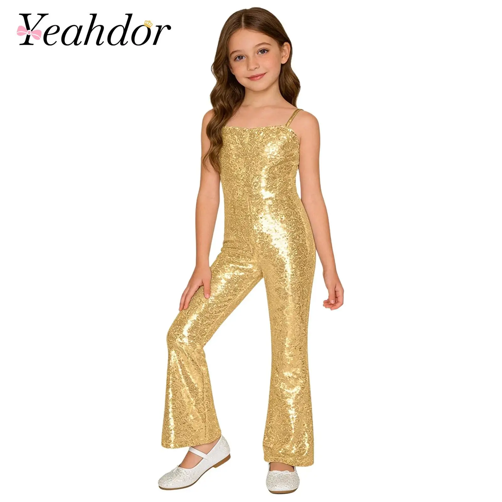Girls Flares Romper Spaghetti Straps Bell Bottom Shiny Birthday Wedding Party Jumpsuit Pageant Prom Sequins Disco Rave Dancewear