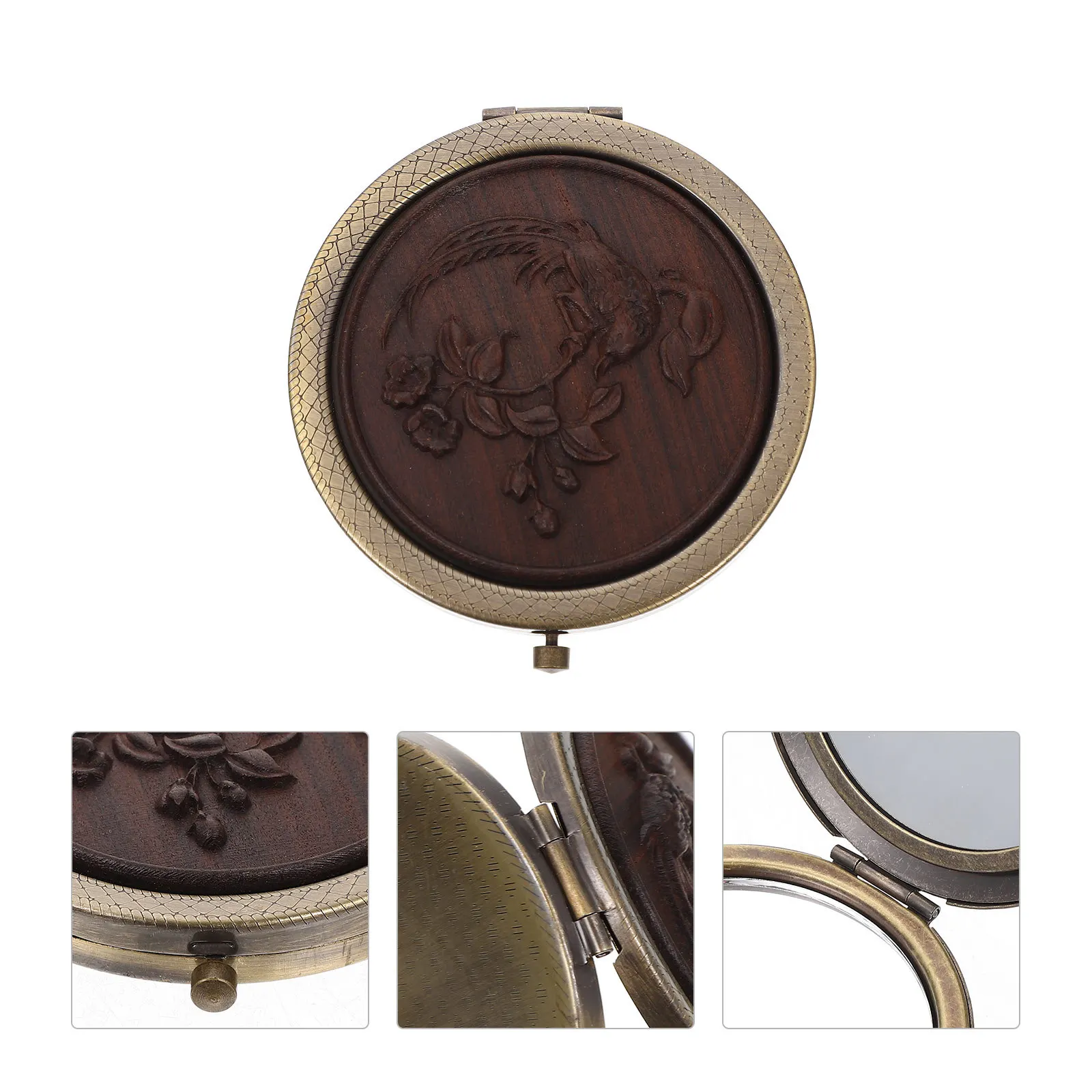小型で持ち運び可能な折りたたみ式木製金属製化粧鏡、両面コンパクトガラス旅行用ミラー、軽量