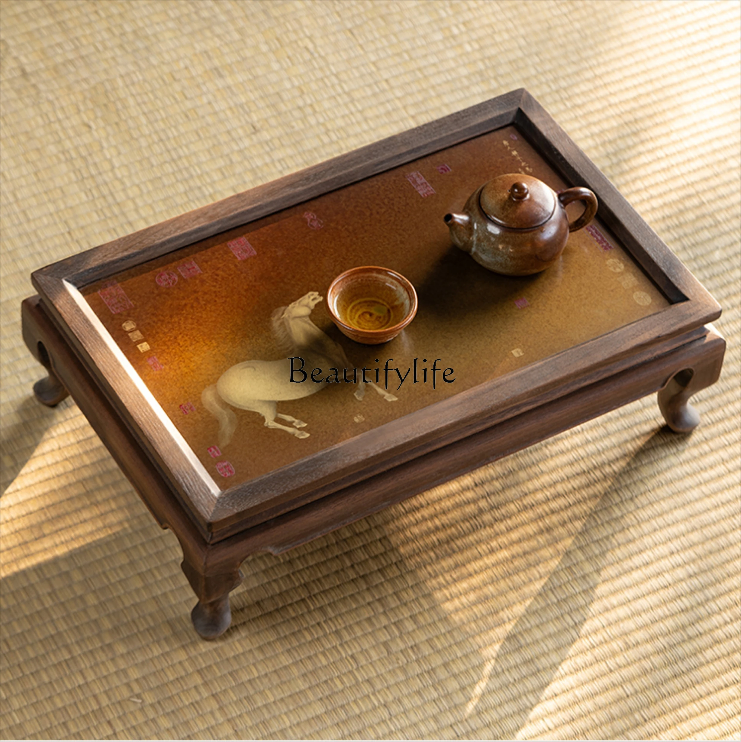 

New Chinese retro tea table Zen solid wood black walnut square table