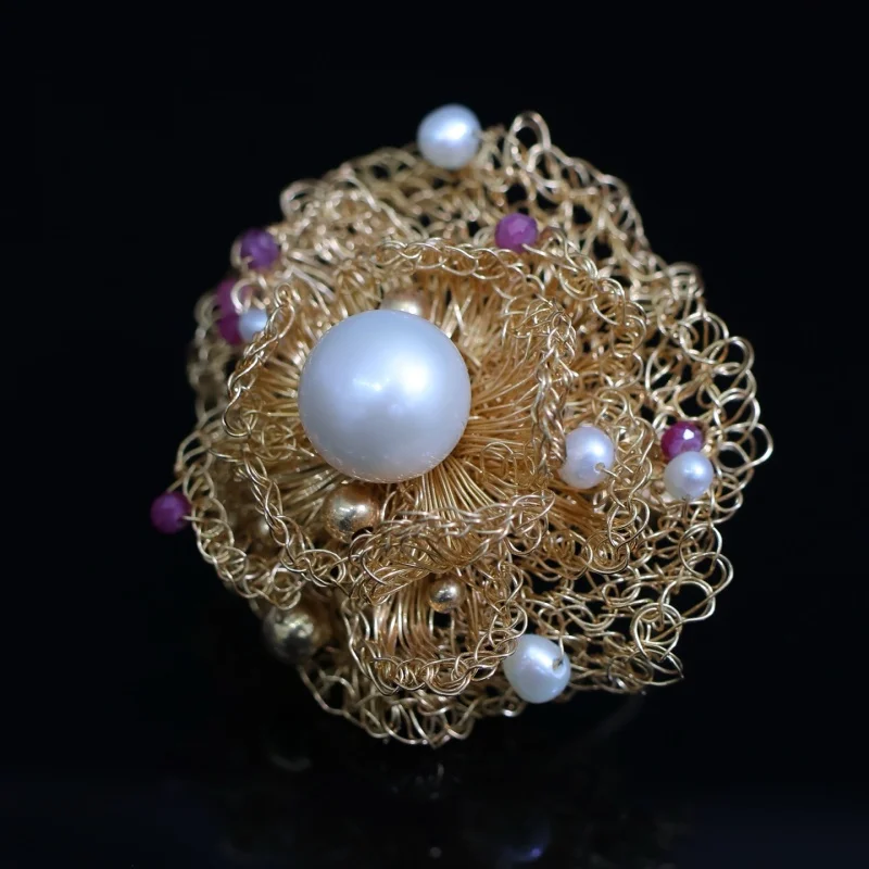 SGARIT Original 14k Gold Filled Natural Freshwater Pearl Luxury Mesh for Women Elegant Temperament Fashion Finger Ring
