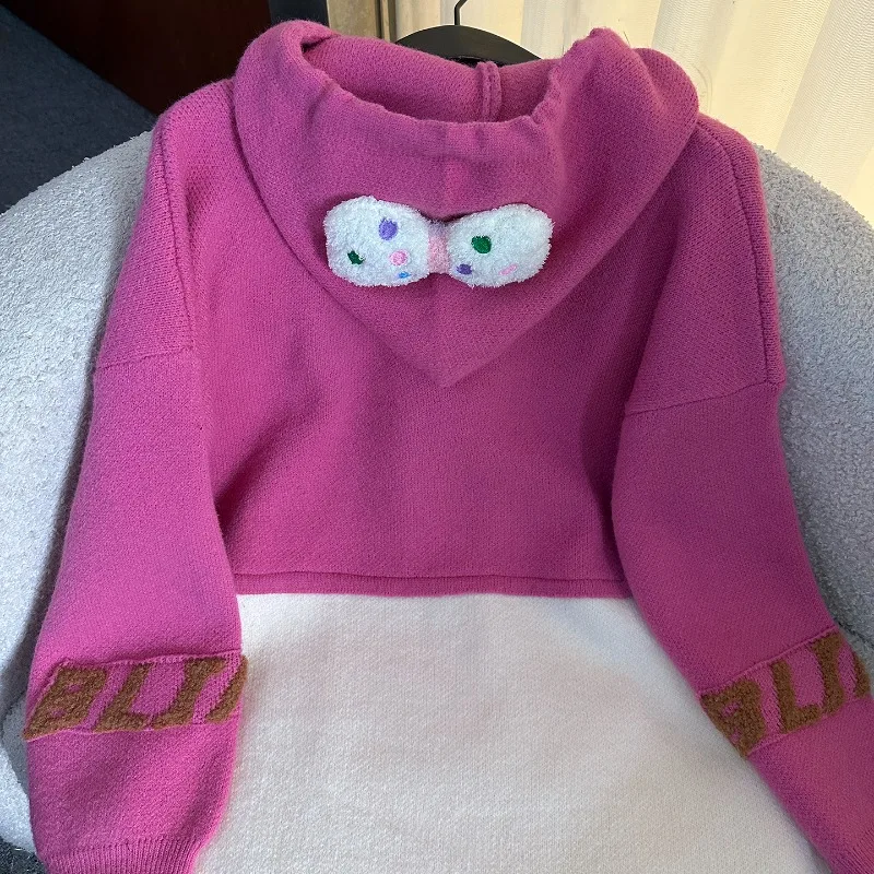 2025 Autumn New Sweet Age-Reducing Cartoon Color Block Hooded Knitted Sweater Women's Loose Casual Style Pullover Top Sweatshirt
