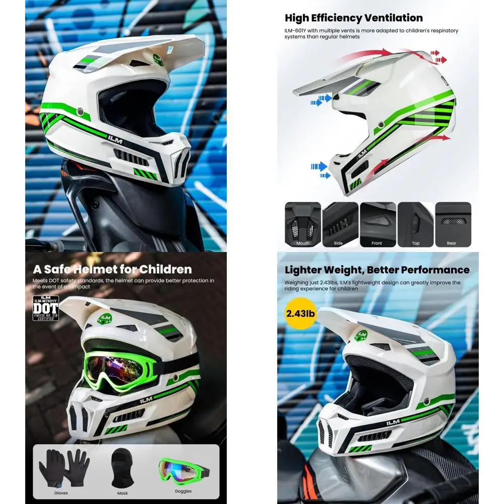 

Youth Dirt Bike Helmet with Goggles, Gloves & Mask for Kids ATV, BMX, Off-Road Riding - DOT Certified, Spacewalk Green, Youth-Me