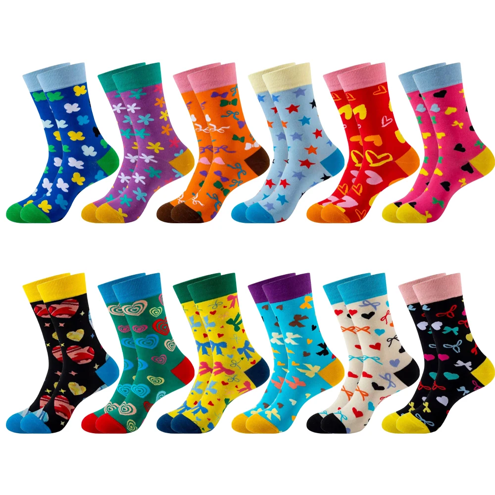 1/6 Pairs Novelty Heart Funny Socks Women Men Cartoon Cozy Fashion Print Crew Socks Bow Cute Harajuku Casual Cotton Sports Socks