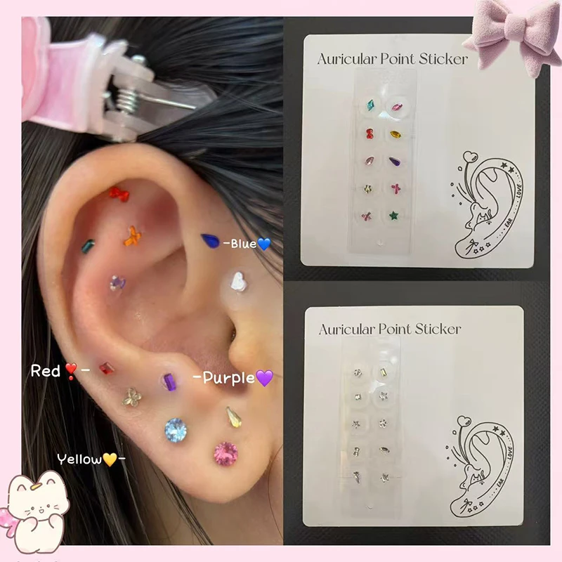 10 Patches Fashion Colorful Rhinestone Pearls Ear Point Stickers Ear Pressure Stick Acupuncture Auricular Ear Stickers Massage