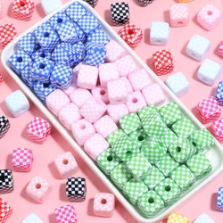 10Pcs/Lot 13mm Acrylic Square Beads Colorful Checkerboard Straight Hole Spacer Beads For Bracelet Necklace Diy Jewelry Making